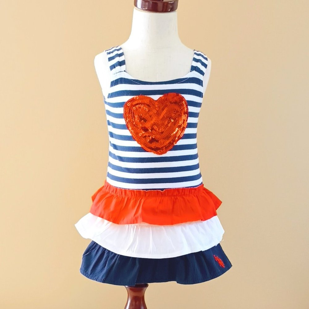 Polo Toddler Heart Ruffle Dress 24M Red White Blue Stripe Sequin Sleeveless